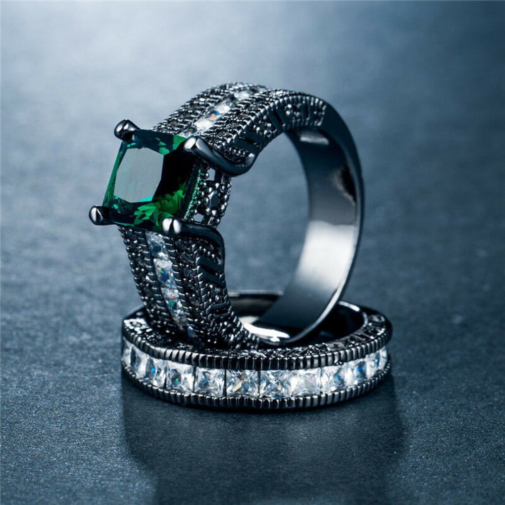 14k Black Gold Filled Emerald Wedding Ring Set